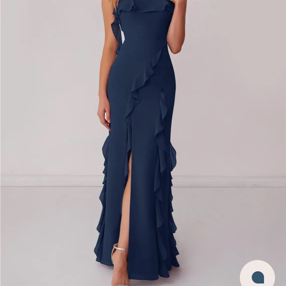Azazie One Shoulder Navy Dress with Ruffles